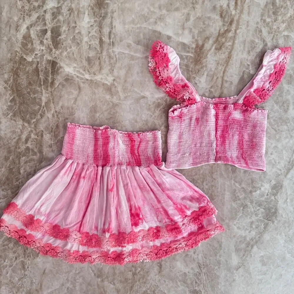 Little Peixoto Tie-Dye Smocked Ruffle Tiered Skirt Set with Lace Trim size 14